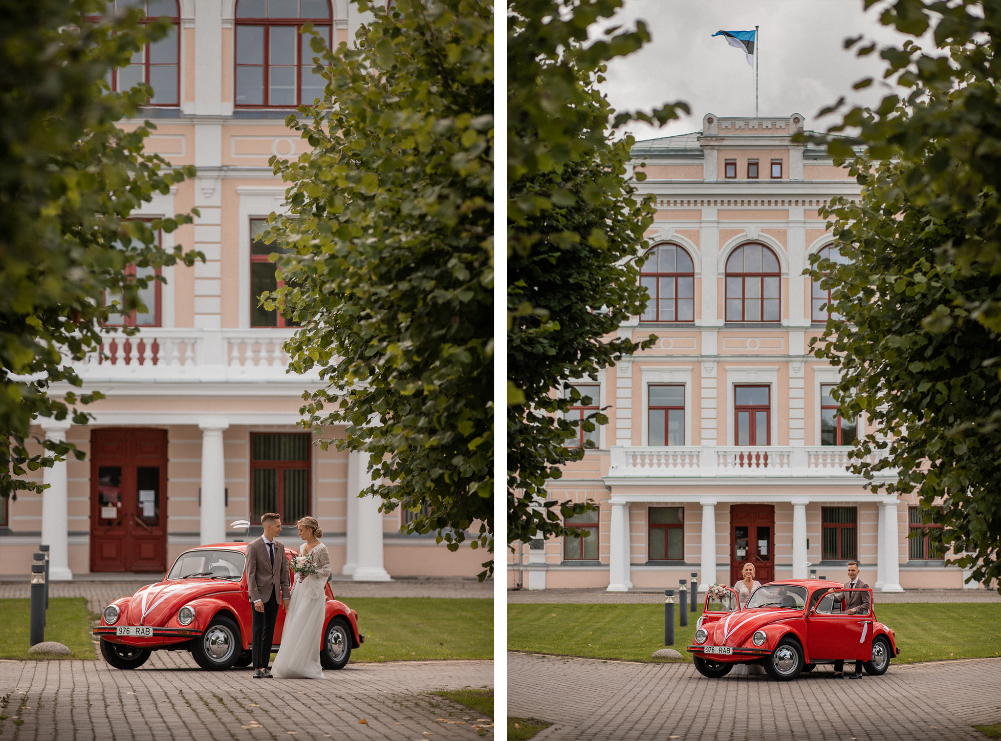 Pruutpaari ilupildid autoga Rakvere Ametikooli ees I Fotograaf Reti Kokk